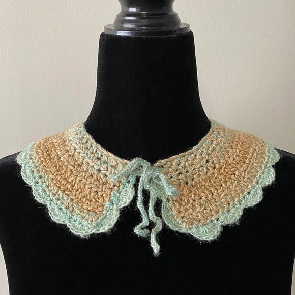 Handmade Crochet Light Teal Blue Gold Wool Blend Collar Neckwear Accessory - Picture 1 of 6